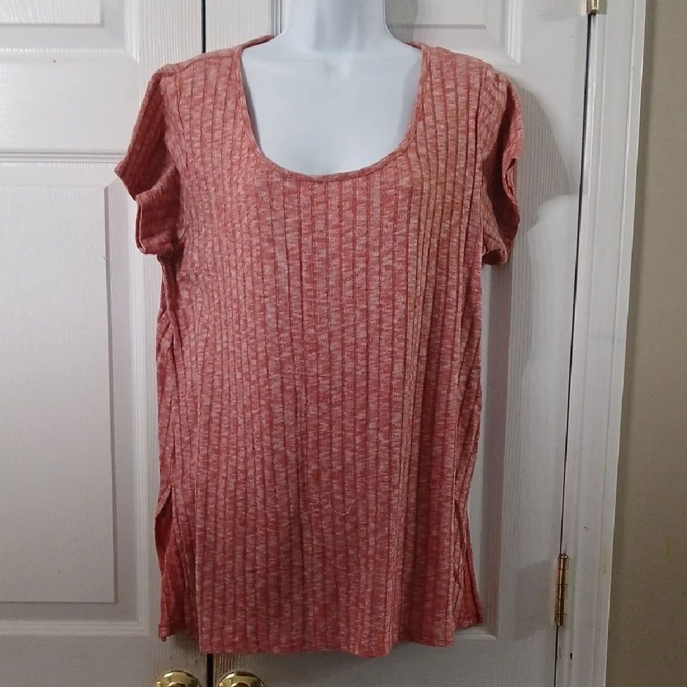 Living Doll Women's Ribbed Red White Short Sleeve Top Sz 1X EUC